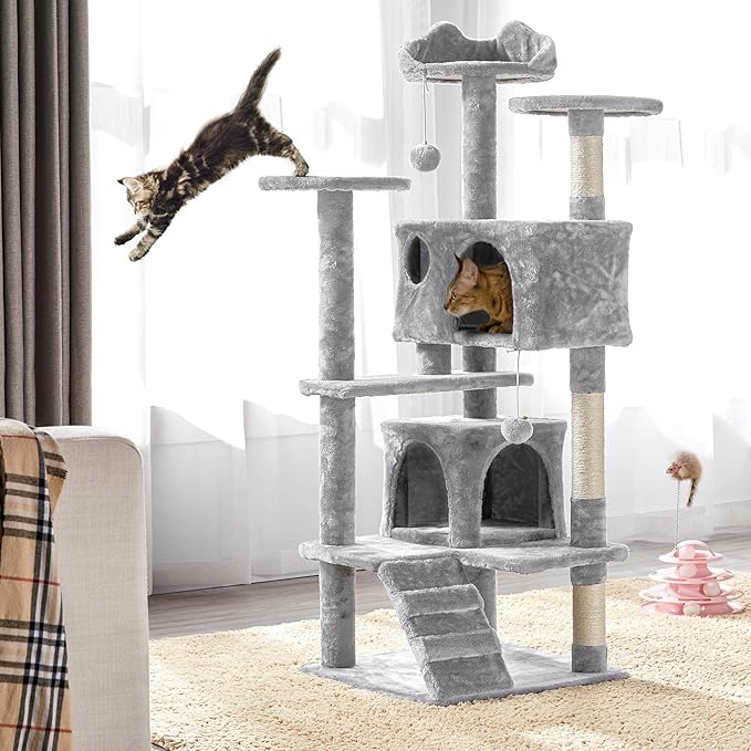 Yaheetech Cat Tree Tower - 138.5cm Multi-Level Climbing House with Condos, Ladder & Scratch Posts Activity Centre for Kittens & Small Cats (Multiple Colours & Sizes)